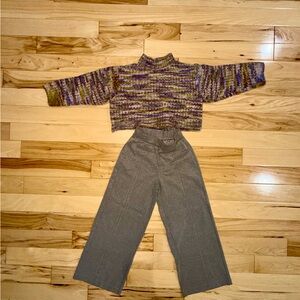 Multicolor Cropped Knit Sweater with Gray Wide-Leg Dress Pants set